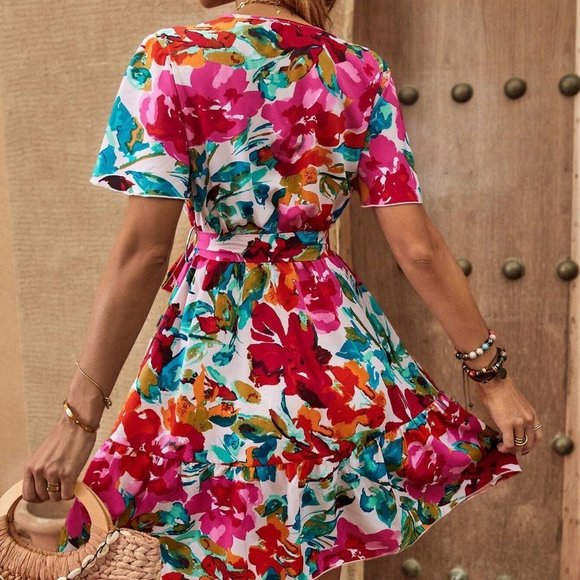 Multicolor Boho Womens Floral Print Butterfly Sleeve Ruffle Hem Belted Dress - Picture 2 of 5